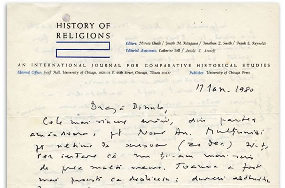 Corespondența Eliade. Mircea Eliade către Constantin Noica, 17 Ianuarie 1980. Fragment din scrisoarea scoasă la licitație în 7 aprilie 2021
